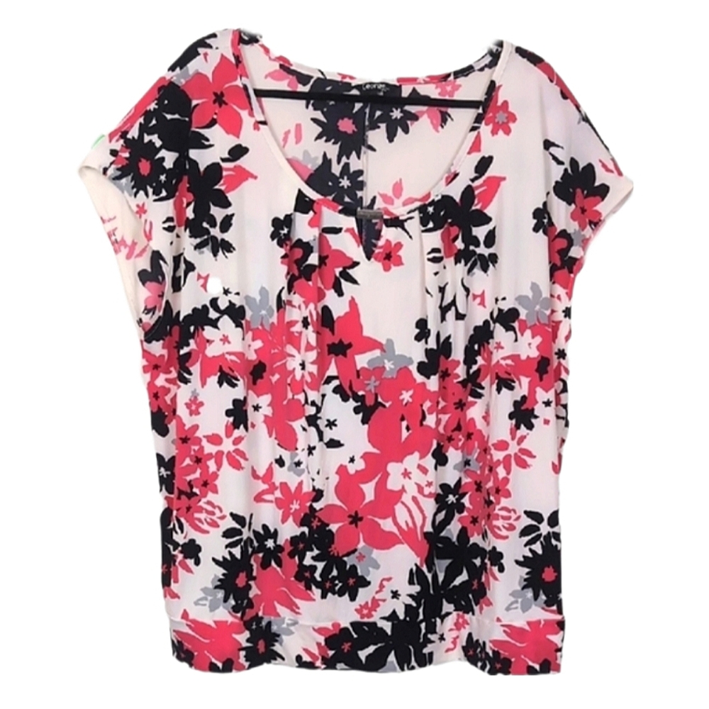 George Floral Top Womens Plus Size 4X Coral Short Sleeve Keyhole Relaxed Blouse